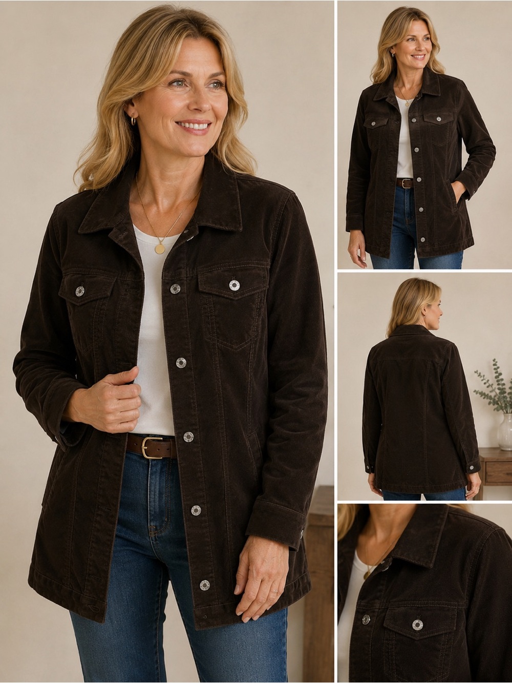 Denim & Co Brown Stretch Corduroy long barn Jacket Women’s Medium Longline